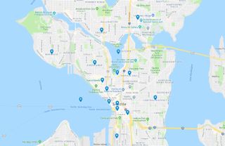 a Google map of Seattle with pins on landmarks