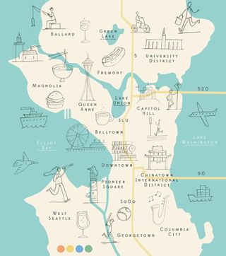 illustrated map of Seattle with line drawn illustrations