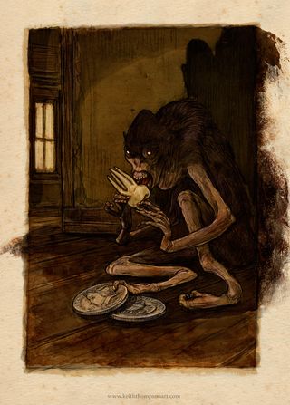 One of Thompson's illustrations used in Guillermo Del Toro's Don't be Afraid of the Dark (in the film they are maddened illustrations created in 1909 by character, Blackwood)