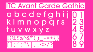 White and pink text displaying the sans serif font ITC Avant Garde Gothic on a white and pink background.