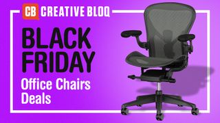 The Herman Miller Aeron office chair on a purple background with Black Friday text.