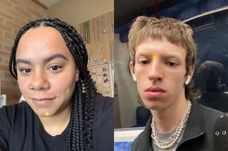 two people with yellow stars on their faces