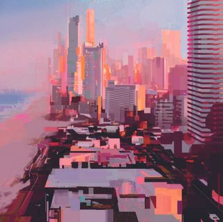 2D meets 3D; a pink cityscape