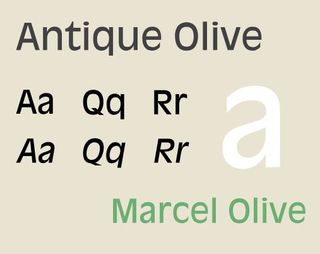 Sample text in Antique Olive font, a retro sans-serif font, with several letters of the alphabet, a giant letter ‘a’, and the words ‘Marcel Olive’ spelt out, on a beige background.