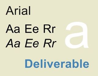 Sample text in Arial font, a simple sans-serif font, with several letters of the alphabet, a giant letter ‘a’, and the word ‘deliverable’ spelt out, on a beige background.