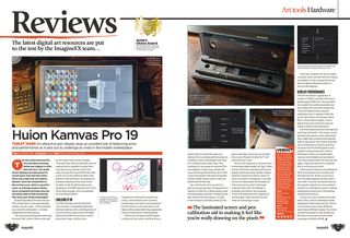 Magazine spread from ImagineFX 247 of review for Huion drawing tablet