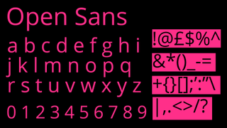 Bright pink text displaying the font Open Sans on a black background.