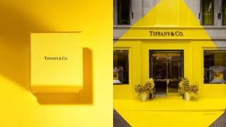 Photos of jewellery box and Tiffany's store in the signature yellow brand colour