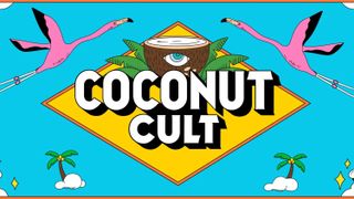 Coconut Cult logo against bright and colourful cartoon background of flamingos in a blue sky