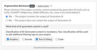 Itch.io AI generation disclosure