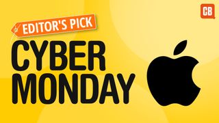 Apple logo on yellow background with text that says 'editor's pick, Cyber Monday'