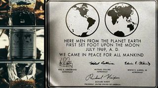 The commemorative plaque left on the moon in 1969 by the Apollo 11 astronauts 