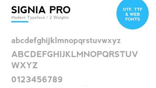 SIGNIA Pro font sample featuring full alphabet in lower and upper case, as well as numerals