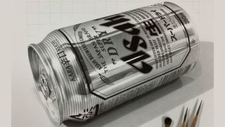 A hyper realistic pencil drawing of an Asahi beer can laying down with excellent lighting and shading