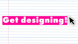 A graphic displaying the text 'get designing!' in white text on a pink background with a lined paper background and an apple mouse cursor.