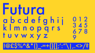 Blue and yellow text displaying the font Futura on a blue and yellow background.