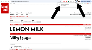 A screenshot of a font open in DaFont, with two arrows and a circle highlighting the Downloads button and a file.