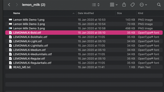 A screenshot of a folder of .otf files in Finder.