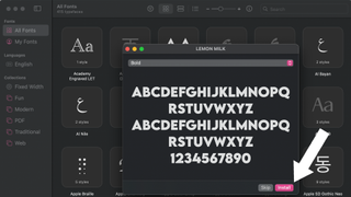 A screenshot of the fonts app opening a new font to install, with an arrow pointing towards the install button.