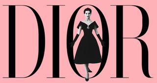 Dior wordmark on pink background with monochrome photograph of a woman inside the 'O'