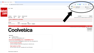 A screenshot of the DaFonts website with the font Coolvetica just downloaded and highlighted in the corner of the web browser.