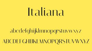 Italiana font sample showing full upper and lower case alphabet on yellow background