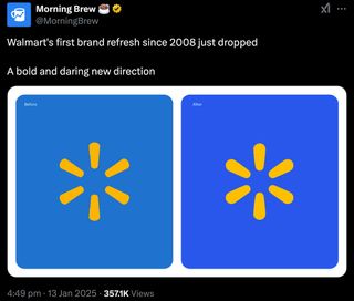 Screenshot of tweet showing Walmart new and old logos, with the caption 'A bold and daring new direction.'