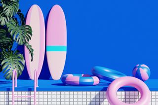 3D art 2025 predictions; renders of surfboards by a swimming pool