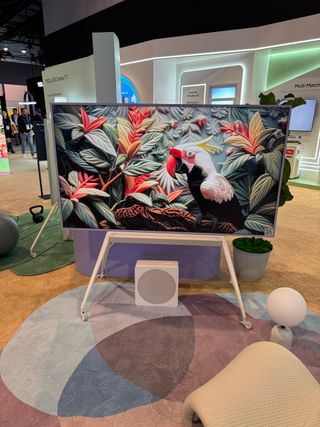 TV with parrots on on a stand with wheels