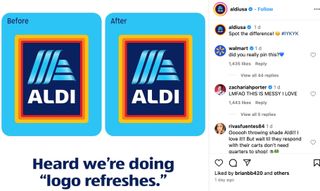 Screenshot of Aldi USA Instagram post showing two identical logos with the caption, 'Heard we're doing "logo refreshes."'