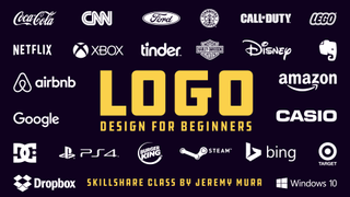 logo design for beginners text in yellow with well-known logos in black and white behind it