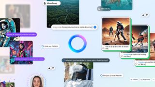 Composite image of Meta's various AI features, including chatbot queries and AI-generated images and selfies.